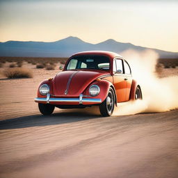 A high-powered, customized Volkswagen Beetle Hot Rod tearing along an expansive desert highway, leaving a trail of dust in its wake with a blazing sunset in the background