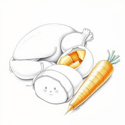 A realistic pencil drawing illustrating organic meals for cat food