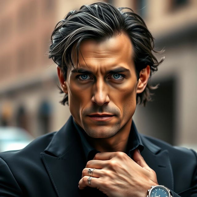 A striking portrait of Turner, a late 30s charismatic leader with dark, slightly tousled hair, and a few strands of gray that hint at stress and intensity