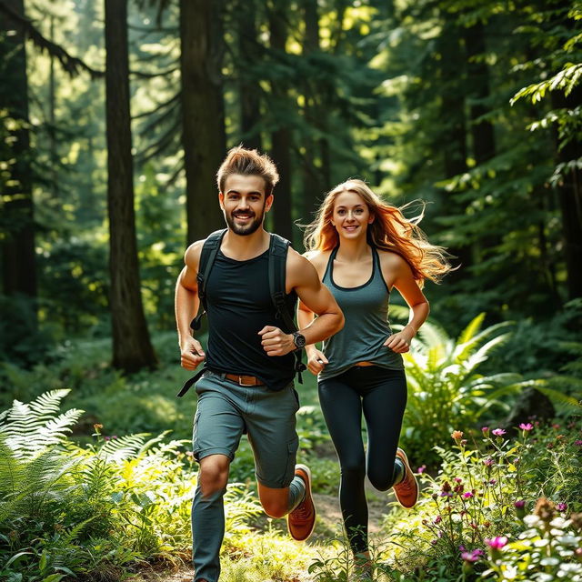 A casual and badass couple running through a lush green forest