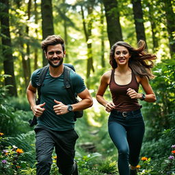 A casual and badass couple running through a lush green forest