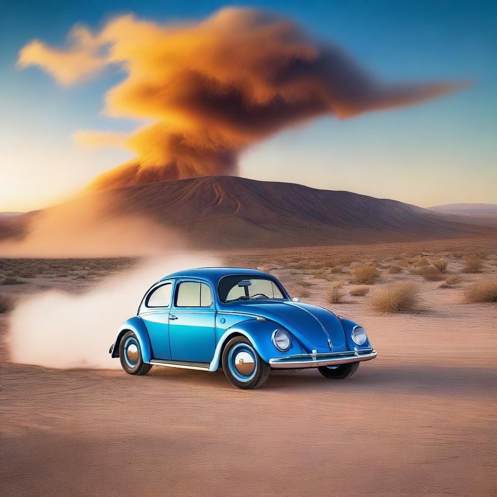 A blazing blue, customized Volkswagen Beetle Hot Rod speeding along an endless desert highway, trailing a cloud of dust behind with a fiery sunset painting the background