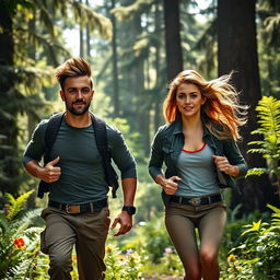 A casual and badass couple running through a lush green forest
