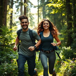 A casual and badass couple running through a lush green forest