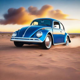 A blazing blue, customized Volkswagen Beetle Hot Rod speeding along an endless desert highway, trailing a cloud of dust behind with a fiery sunset painting the background