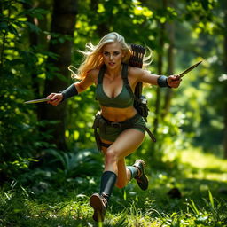 A badass blonde woman sprinting through a lush green forest, her fierce expression reflecting determination