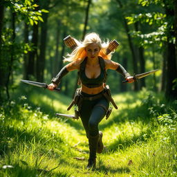 A badass blonde woman sprinting through a lush green forest, her fierce expression reflecting determination