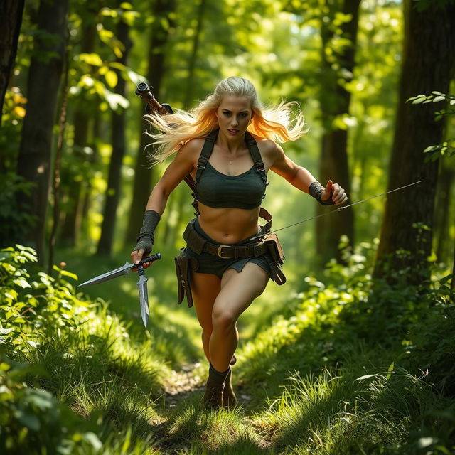 A badass blonde woman sprinting through a lush green forest, her fierce expression reflecting determination