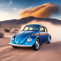 A blazing blue, customized Volkswagen Beetle Hot Rod speeding along an endless desert highway, trailing a cloud of dust behind with a fiery sunset painting the background