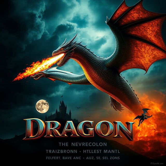 A dramatic movie poster featuring a colossal fire-breathing dragon soaring through a stormy sky, its scales glistening in shades of emerald green and deep gold