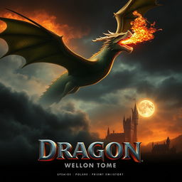 A dramatic movie poster featuring a colossal fire-breathing dragon soaring through a stormy sky, its scales glistening in shades of emerald green and deep gold