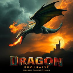 A dramatic movie poster featuring a colossal fire-breathing dragon soaring through a stormy sky, its scales glistening in shades of emerald green and deep gold