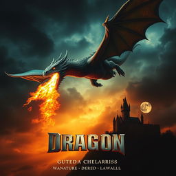 A dramatic movie poster featuring a colossal fire-breathing dragon soaring through a stormy sky, its scales glistening in shades of emerald green and deep gold