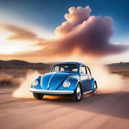 A blazing blue, customized Volkswagen Beetle Hot Rod speeding along an endless desert highway, trailing a cloud of dust behind with a fiery sunset painting the background