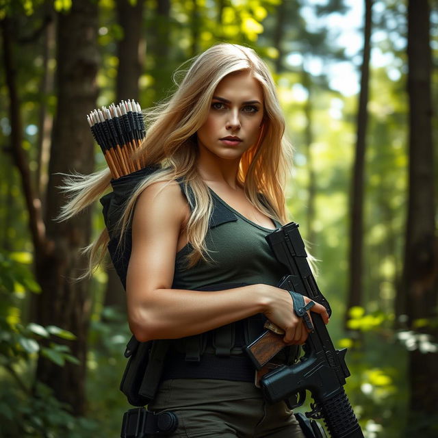 A badass blonde woman standing confidently in a lush, green forest, surrounded by tall trees and dappled sunlight