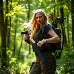 A badass blonde woman standing confidently in a lush, green forest, surrounded by tall trees and dappled sunlight