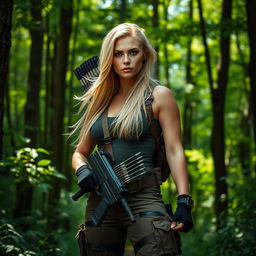 A badass blonde woman standing confidently in a lush, green forest, surrounded by tall trees and dappled sunlight