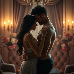 An artistic portrayal of an intimate couple in a romantic setting, entwined in an affectionate embrace, surrounded by soft, ambient lighting