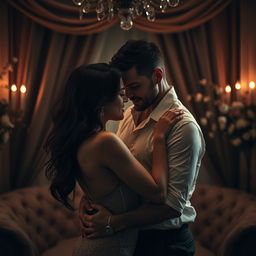 An artistic portrayal of an intimate couple in a romantic setting, entwined in an affectionate embrace, surrounded by soft, ambient lighting