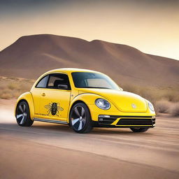 The Bumblebee Autobot, transformed into a powerful, customized Volkswagen Beetle Hot Rod on an open desert highway, leaving a trail of dust as it zooms into a radiant sunset