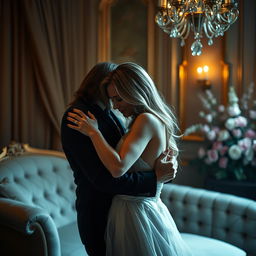 An artistic portrayal of an intimate couple in a romantic setting, entwined in an affectionate embrace, surrounded by soft, ambient lighting