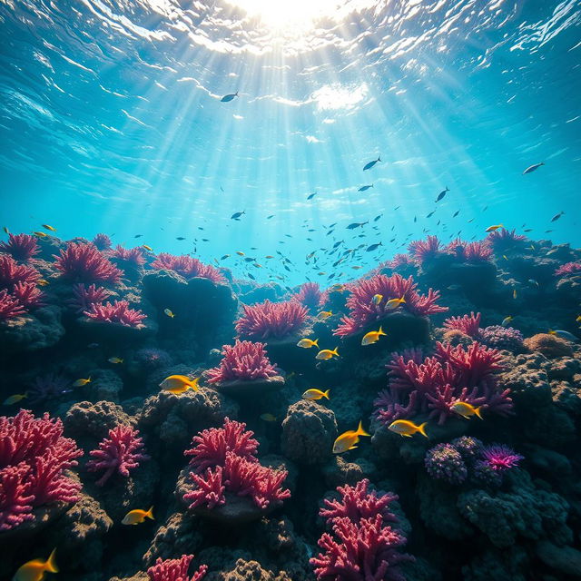 A stunning underwater coral reef scene, teeming with vibrant marine life, perfect for an aquarium poster