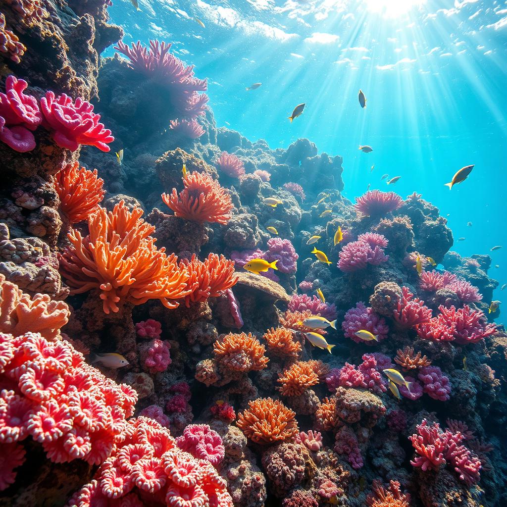 A stunning underwater coral reef scene, teeming with vibrant marine life, perfect for an aquarium poster