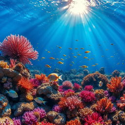 A stunning underwater coral reef scene, teeming with vibrant marine life, perfect for an aquarium poster