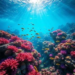 A stunning underwater coral reef scene, teeming with vibrant marine life, perfect for an aquarium poster