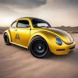 The Bumblebee Autobot, transformed into a powerful, customized Volkswagen Beetle Hot Rod on an open desert highway, leaving a trail of dust as it zooms into a radiant sunset