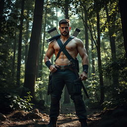 A badass brunet man standing confidently in a dense forest, surrounded by tall trees and thick foliage