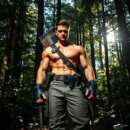 A badass brunet man standing confidently in a dense forest, surrounded by tall trees and thick foliage