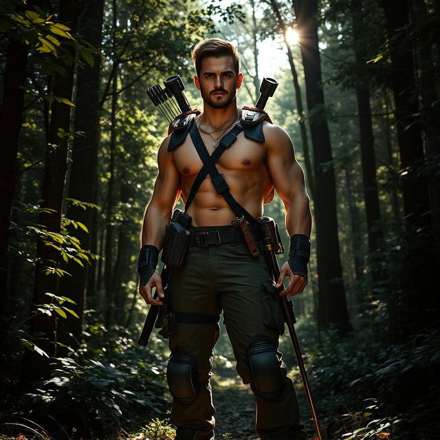 A badass brunet man standing confidently in a dense forest, surrounded by tall trees and thick foliage