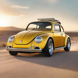 The Bumblebee Autobot, transformed into a powerful, customized Volkswagen Beetle Hot Rod on an open desert highway, leaving a trail of dust as it zooms into a radiant sunset