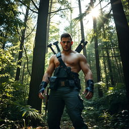 A badass brunet man standing confidently in a dense forest, surrounded by tall trees and thick foliage