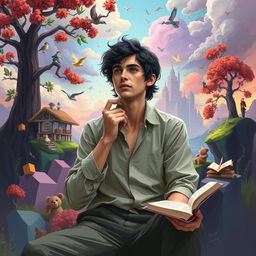 A full image in polyart style depicting Alex Turner, The Dreamer, aged 29