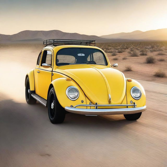 The Bumblebee Autobot, transformed into a powerful, customized Volkswagen Beetle Hot Rod on an open desert highway, leaving a trail of dust as it zooms into a radiant sunset