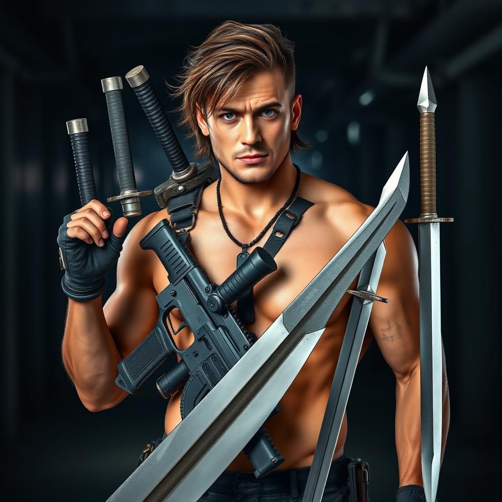 A badass brunette man standing confidently, showcasing a collection of weapons such as a sword, a gun, and a dagger