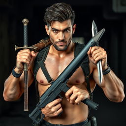 A badass brunette man standing confidently, showcasing a collection of weapons such as a sword, a gun, and a dagger