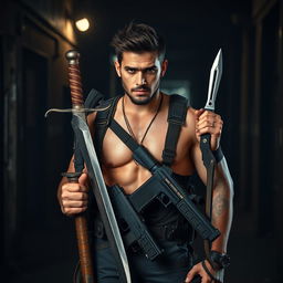 A badass brunette man standing confidently, showcasing a collection of weapons such as a sword, a gun, and a dagger