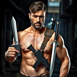 A badass brunette man standing confidently, showcasing a collection of weapons such as a sword, a gun, and a dagger