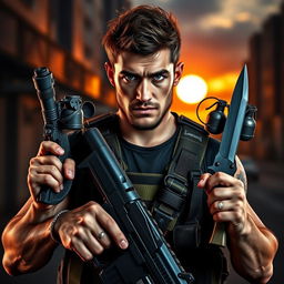 A rugged brunet man dressed in tactical gear, brandishing various weapons including a sleek gun, a combat knife, and grenades