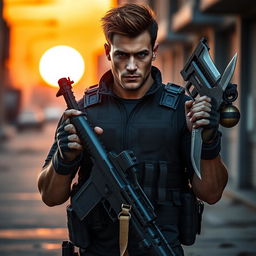 A rugged brunet man dressed in tactical gear, brandishing various weapons including a sleek gun, a combat knife, and grenades