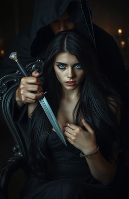 A dark romance scene featuring a young woman with long, flowing black hair and striking blue eyes, tied to an ornate antique chair