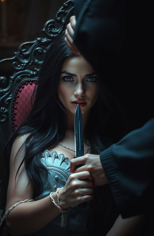 A dark romance scene featuring a young woman with long, flowing black hair and striking blue eyes, tied to an ornate antique chair