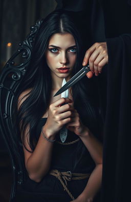 A dark romance scene featuring a young woman with long, flowing black hair and striking blue eyes, tied to an ornate antique chair