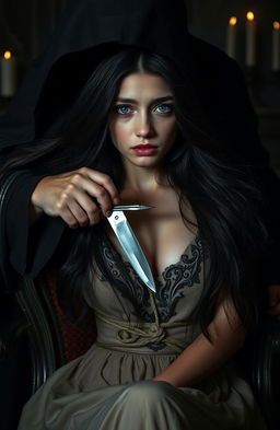 A dark romance scene featuring a young woman with long, flowing black hair and striking blue eyes, tied to an ornate antique chair