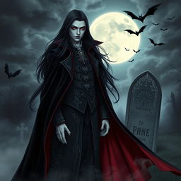 A striking vampire character design for a gothic novel cover, featuring a tall, elegant figure with long flowing black hair and sharp, angular features