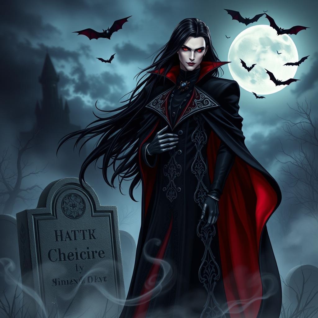 A striking vampire character design for a gothic novel cover, featuring a tall, elegant figure with long flowing black hair and sharp, angular features