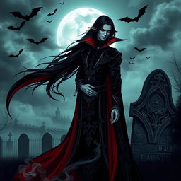 A striking vampire character design for a gothic novel cover, featuring a tall, elegant figure with long flowing black hair and sharp, angular features
